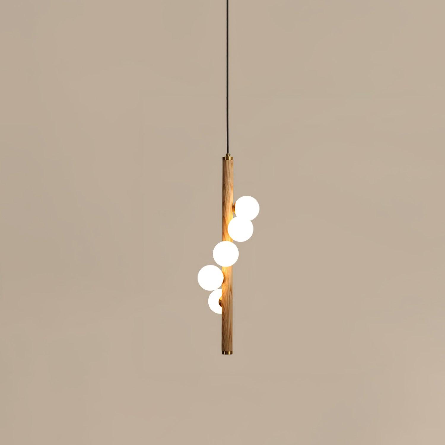 Scandinavian Vertical Wood Column Pendant Light with White Glass Orbs for Modern Home Decor