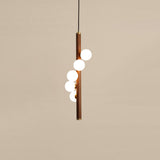 Scandinavian Vertical Wood Column Pendant Light with White Glass Orbs for Modern Home Decor
