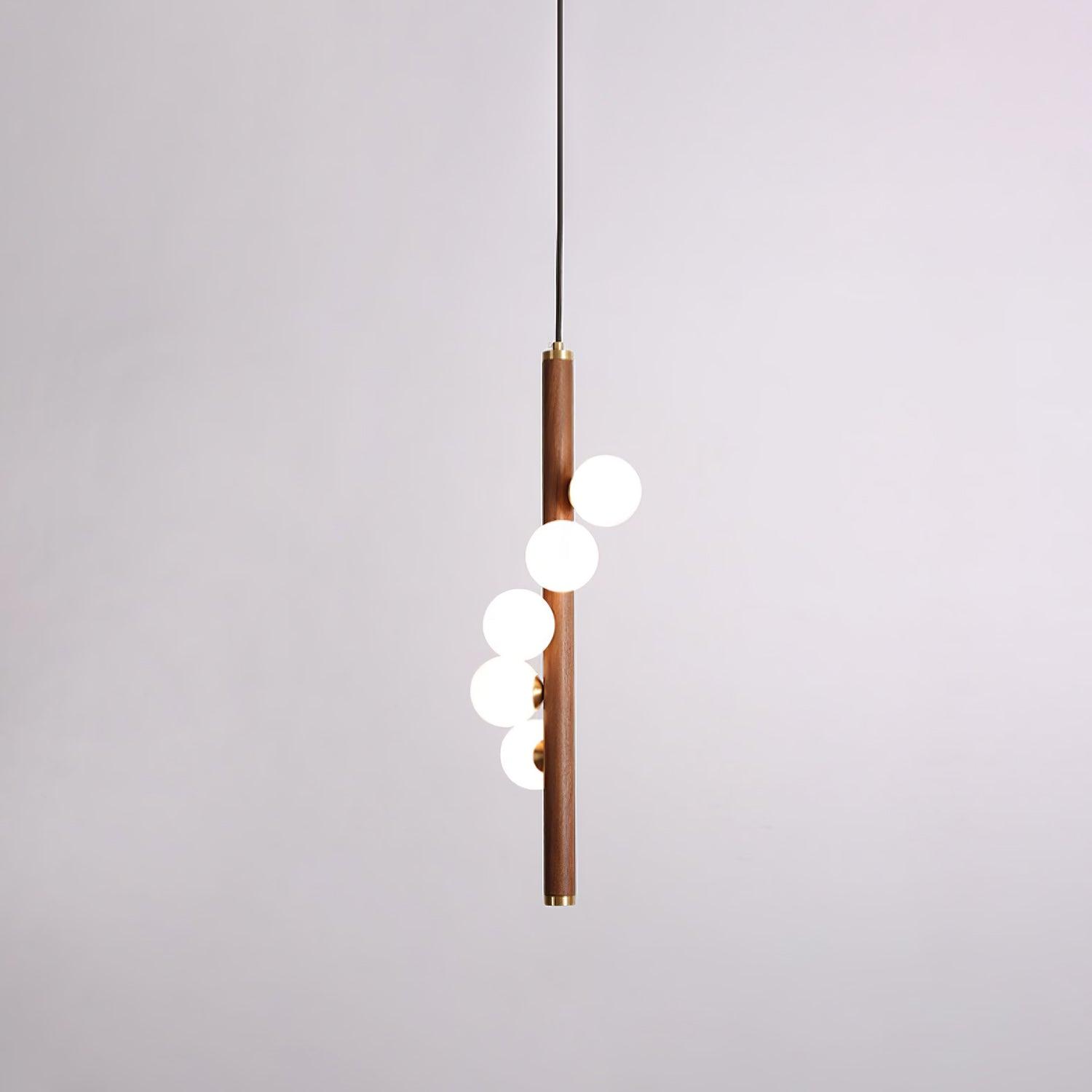 Scandinavian Vertical Wood Column Pendant Light with White Glass Orbs for Modern Home Decor