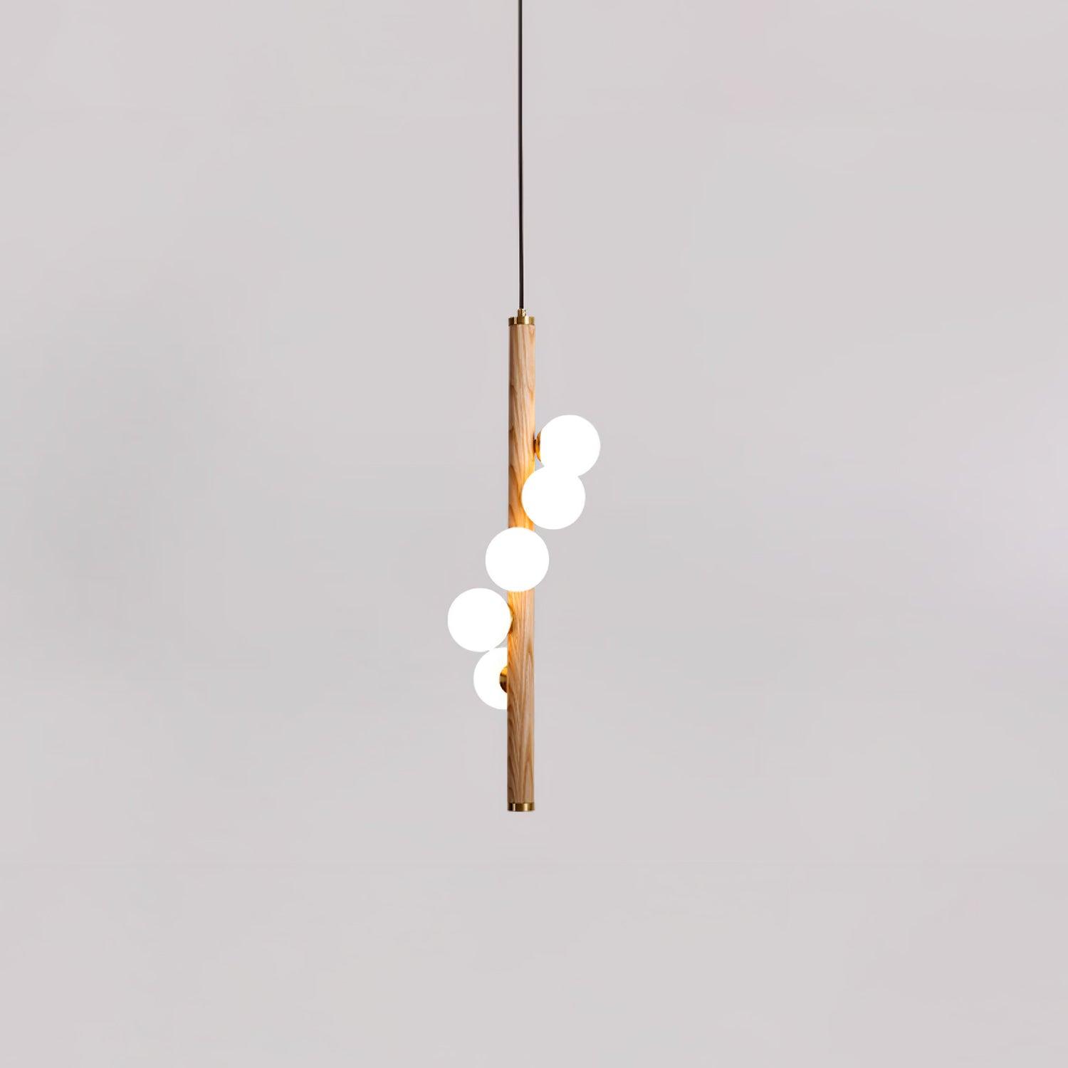 Scandinavian Vertical Wood Column Pendant Light with White Glass Orbs for Modern Home Decor