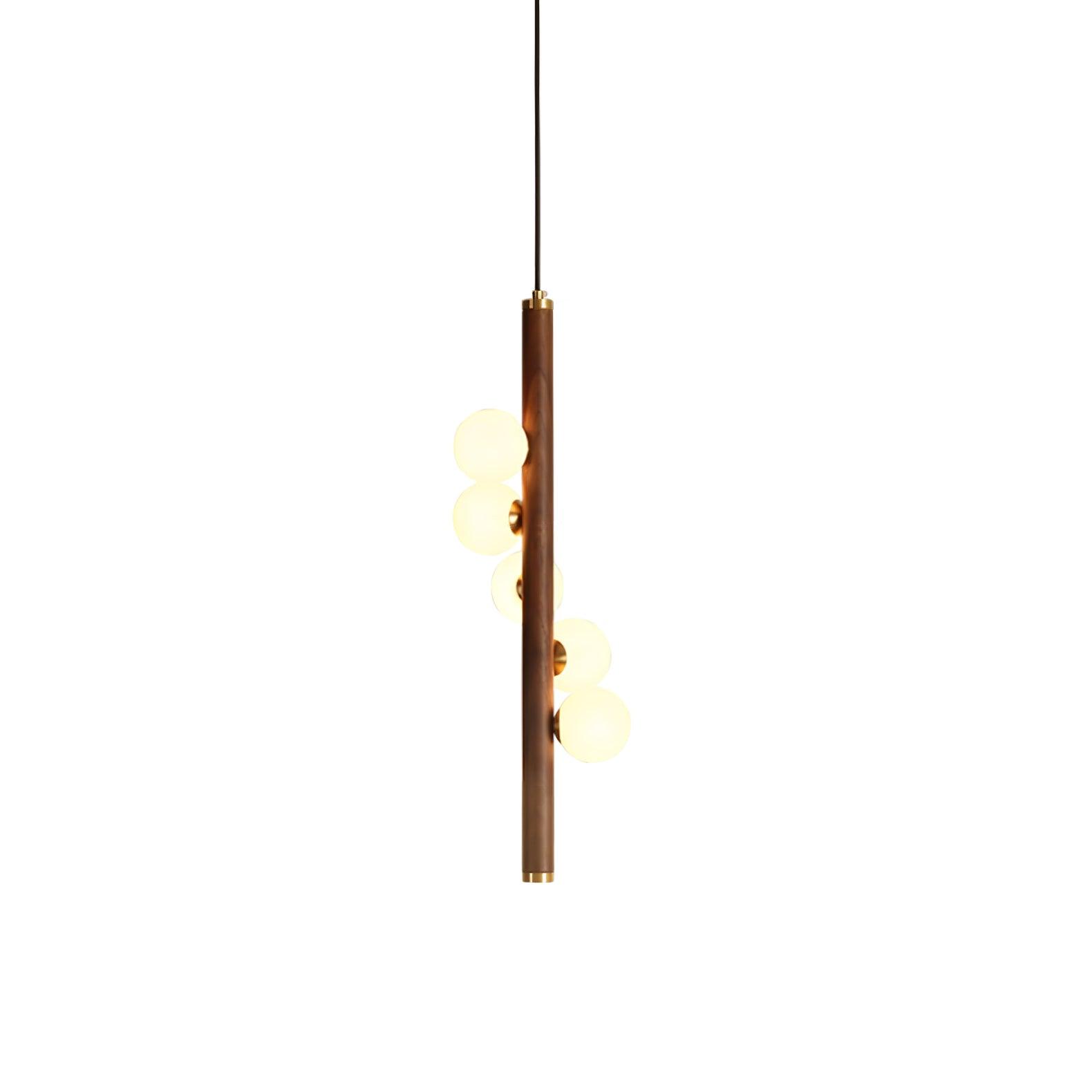 Scandinavian Vertical Wood Column Pendant Light with White Glass Orbs for Modern Home Decor