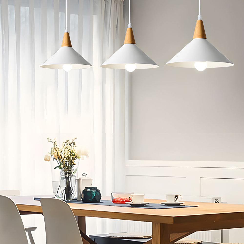 Scandinavian White Cone Hanging Light with Solid Wood Top for Dining Room