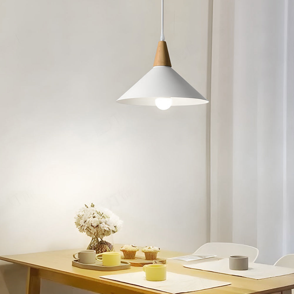 Scandinavian White Cone Hanging Light with Solid Wood Top for Dining Room