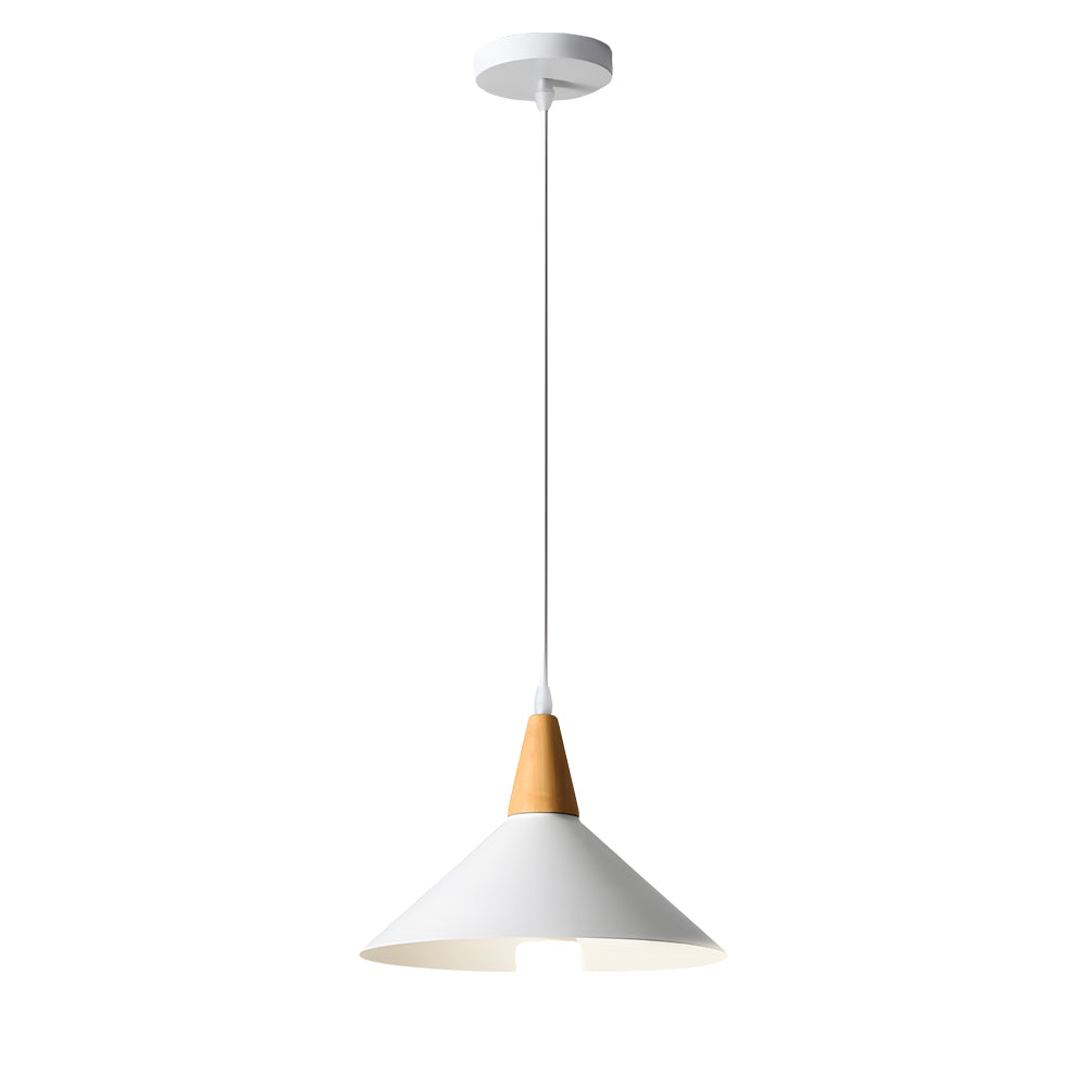 Scandinavian White Cone Hanging Light with Solid Wood Top for Dining Room