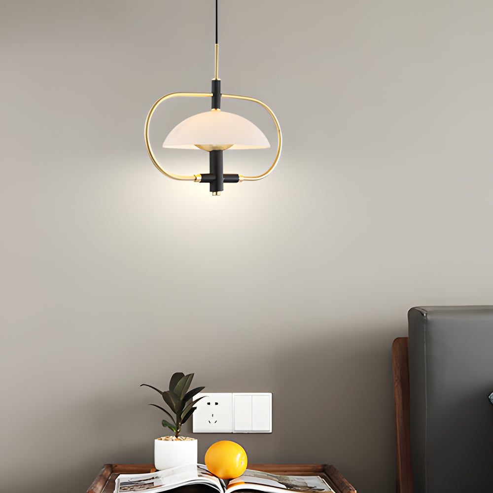 Semicircular Opal Glass Dome Chandelier Modern Black and Gold Aperture Pendant Lighting for Dining Room