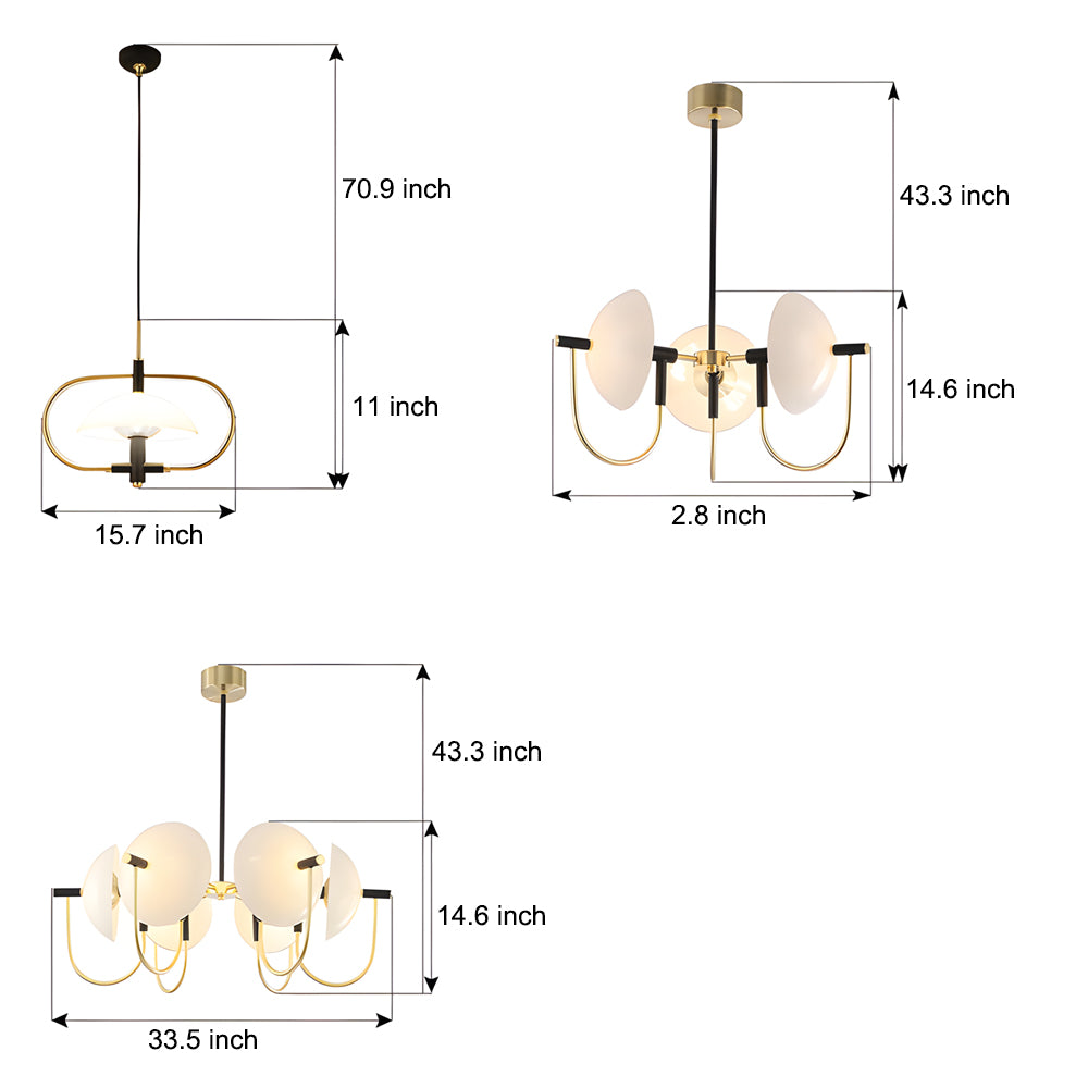 Semicircular Opal Glass Dome Chandelier Modern Black and Gold Aperture Pendant Lighting for Dining Room