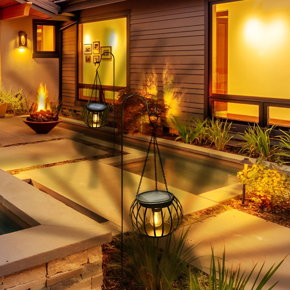 Set of 2 Waterproof Solar Outdoor Lanterns Decorative Black Metal Pumpkin LED Lights