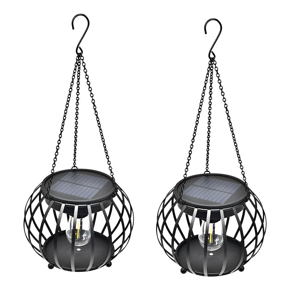Set of 2 Waterproof Solar Outdoor Lanterns Decorative Black Metal Pumpkin LED Lights