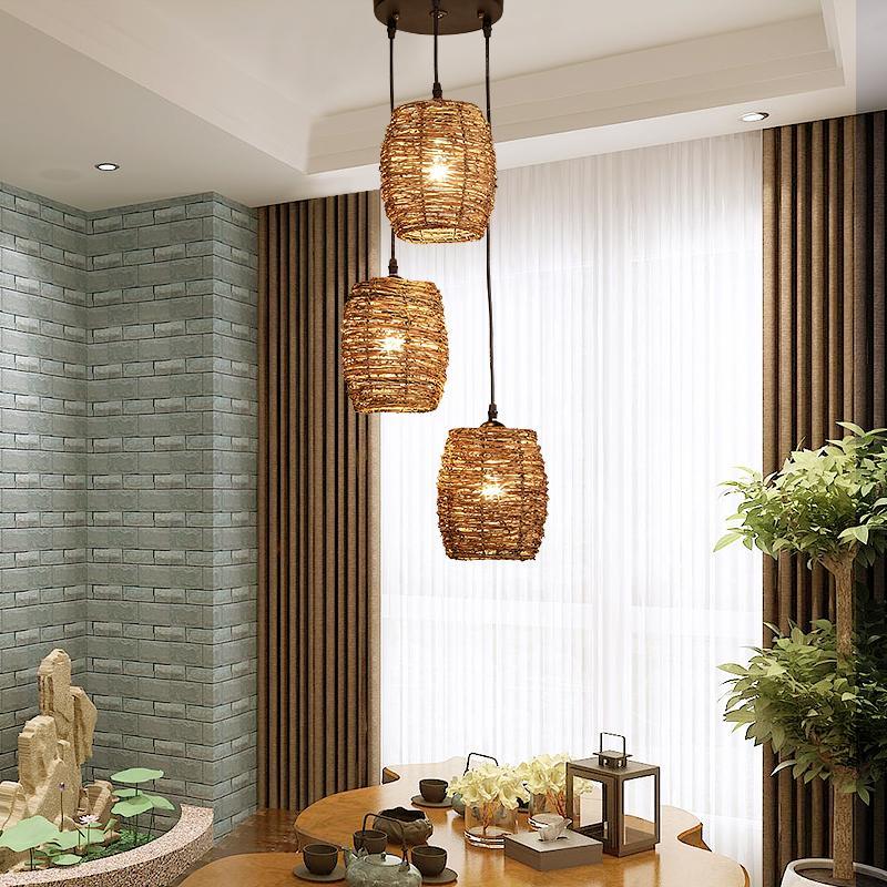 Set of 3 Natural Burlywood Wicker Pendant Lights for Indoor and Outdoor Living Spaces