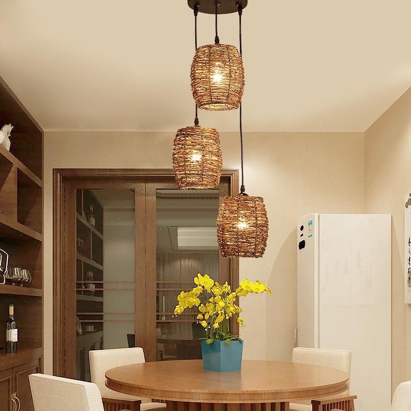 Set of 3 Natural Burlywood Wicker Pendant Lights for Indoor and Outdoor Living Spaces