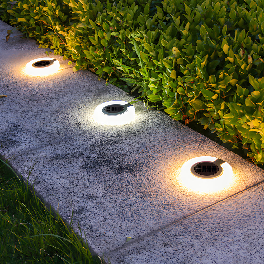 Set of 4 Round Foldable Solar Deck Lights Modern Outdoor Disk Lamps for Garden Pathway and Yard Lighting