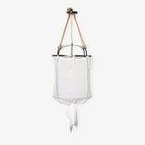 Sheer Belgian Linen Barrel Pendant Light with Antiqued Iron and Rustic Hemp Rope Suspension