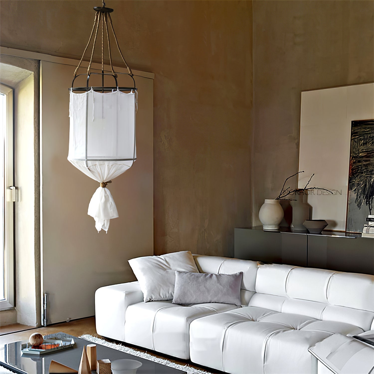 Sheer Belgian Linen Barrel Pendant Light with Antiqued Iron and Rustic Hemp Rope Suspension