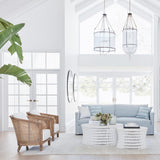 Sheer Belgian Linen Barrel Pendant Light with Antiqued Iron and Rustic Hemp Rope Suspension