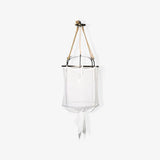 Sheer Belgian Linen Barrel Pendant Light with Antiqued Iron and Rustic Hemp Rope Suspension