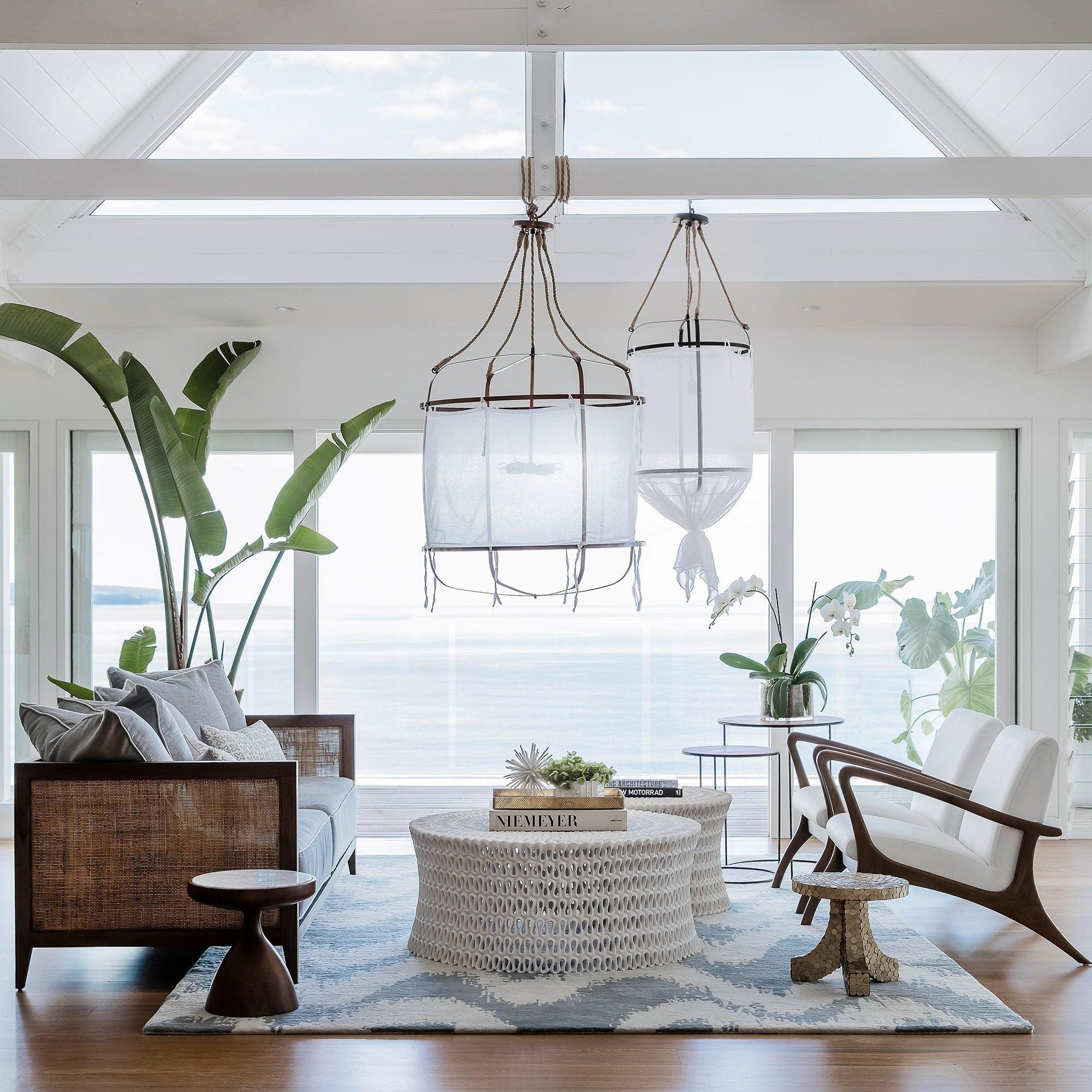 Sheer Belgian Linen Barrel Pendant Light with Antiqued Iron and Rustic Hemp Rope Suspension
