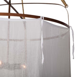 Sheer Belgian Linen Barrel Pendant Light with Antiqued Iron and Rustic Hemp Rope Suspension