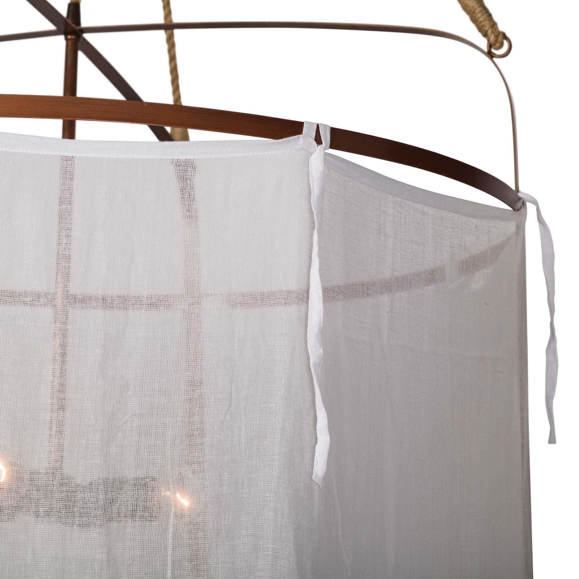 Sheer Belgian Linen Barrel Pendant Light with Antiqued Iron and Rustic Hemp Rope Suspension
