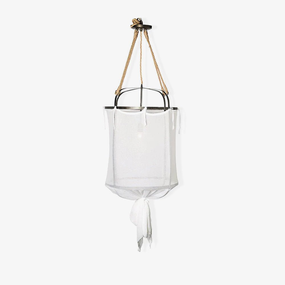 Sheer Belgian Linen Barrel Pendant Light with Antiqued Iron and Rustic Hemp Rope Suspension