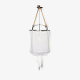 Sheer Belgian Linen Barrel Pendant Light with Antiqued Iron and Rustic Hemp Rope Suspension