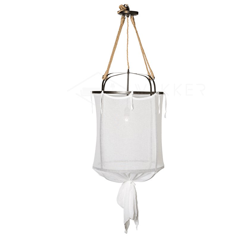 Sheer Belgian Linen Barrel Pendant Light with Antiqued Iron and Rustic Hemp Rope Suspension