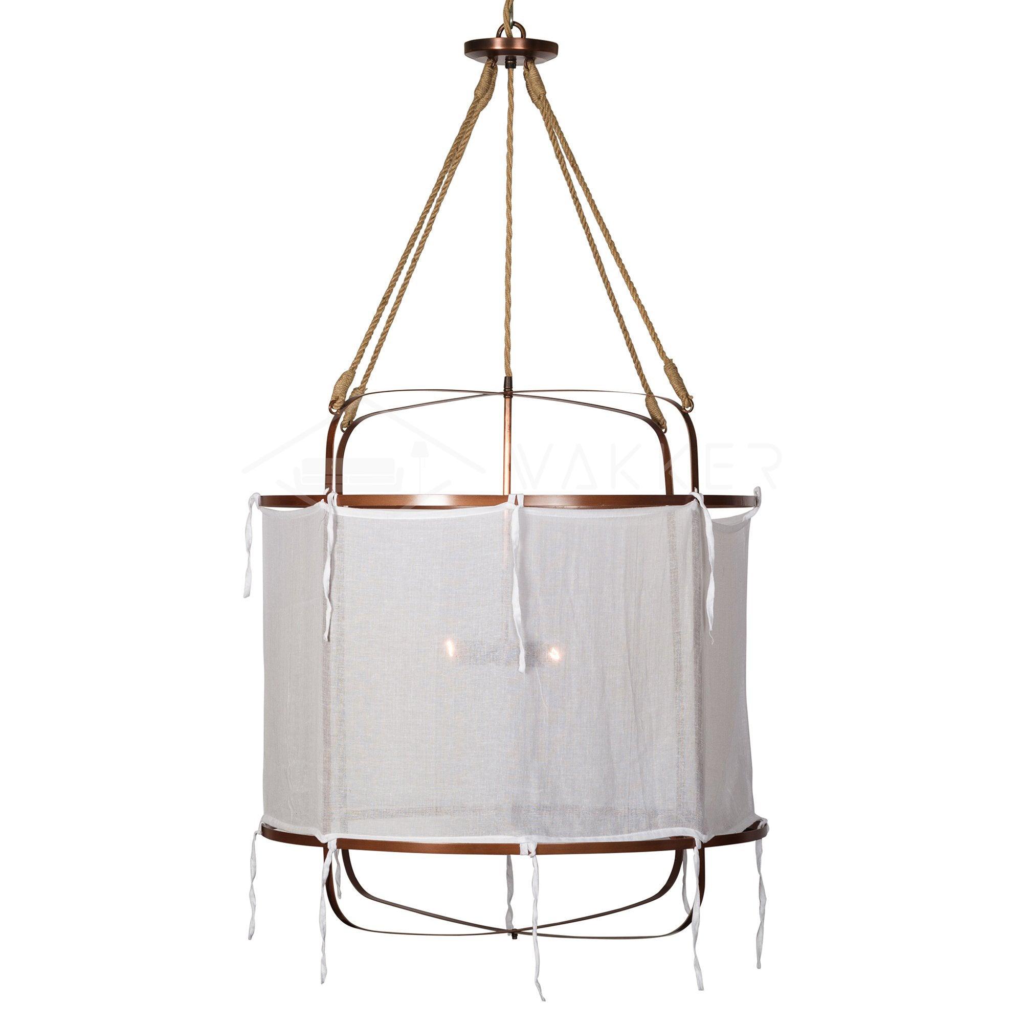 Sheer Belgian Linen Barrel Pendant Light with Antiqued Iron and Rustic Hemp Rope Suspension