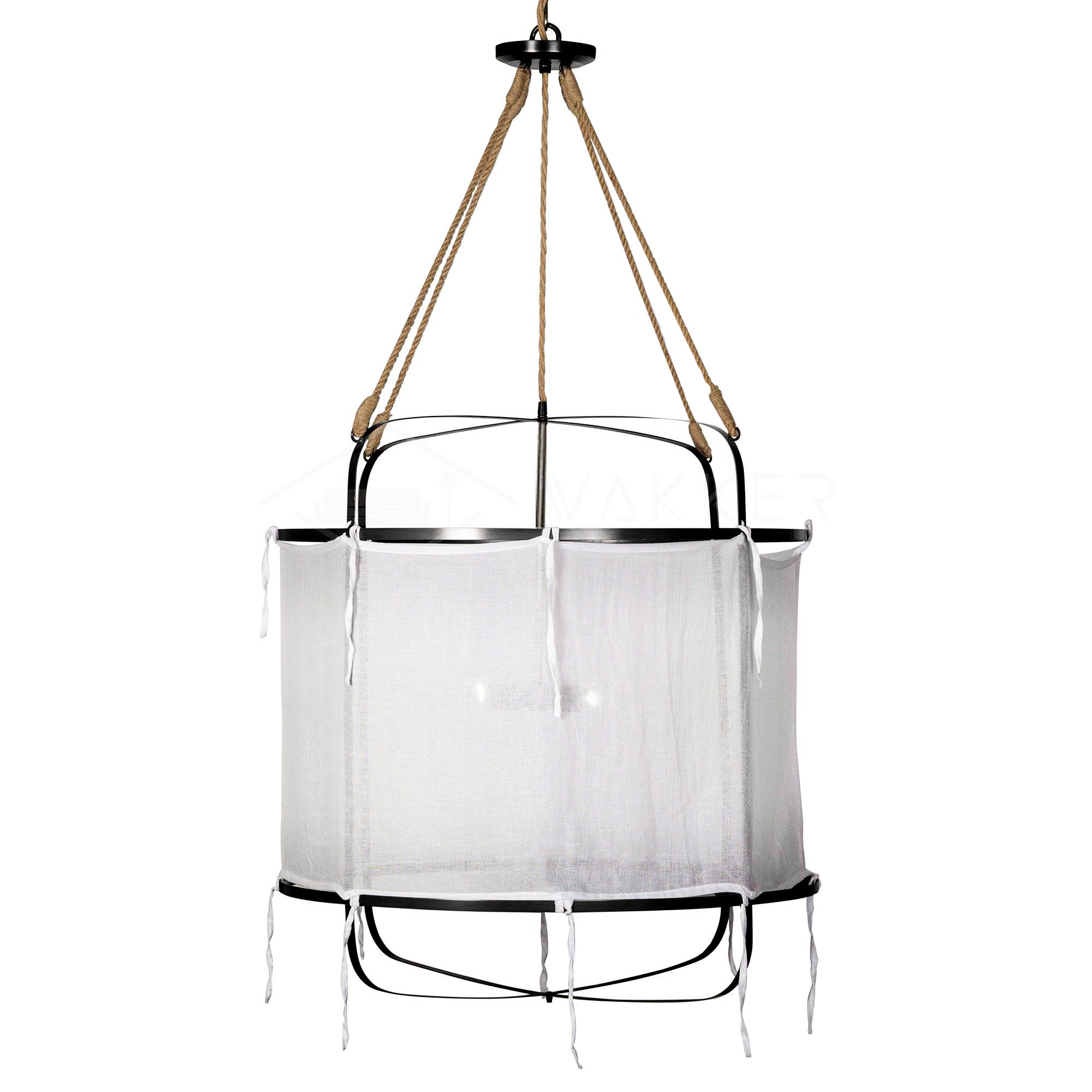 Sheer Belgian Linen Barrel Pendant Light with Antiqued Iron and Rustic Hemp Rope Suspension