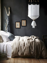 Sheer Belgian Linen Barrel Pendant Light with Antiqued Iron and Rustic Hemp Rope Suspension