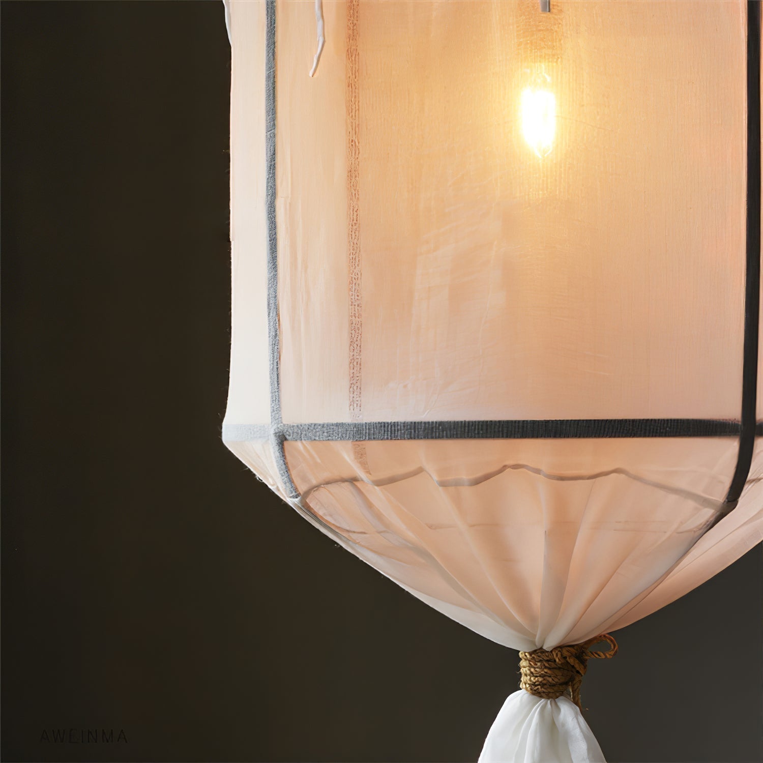 Sheer Belgian Linen Barrel Pendant Light with Antiqued Iron and Rustic Hemp Rope Suspension