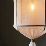 Sheer Belgian Linen Barrel Pendant Light with Antiqued Iron and Rustic Hemp Rope Suspension