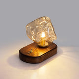 Handcrafted Ice Stone Glass Bedside Table Lamp Smokey Amber Finish Reading Light with Wooden Base