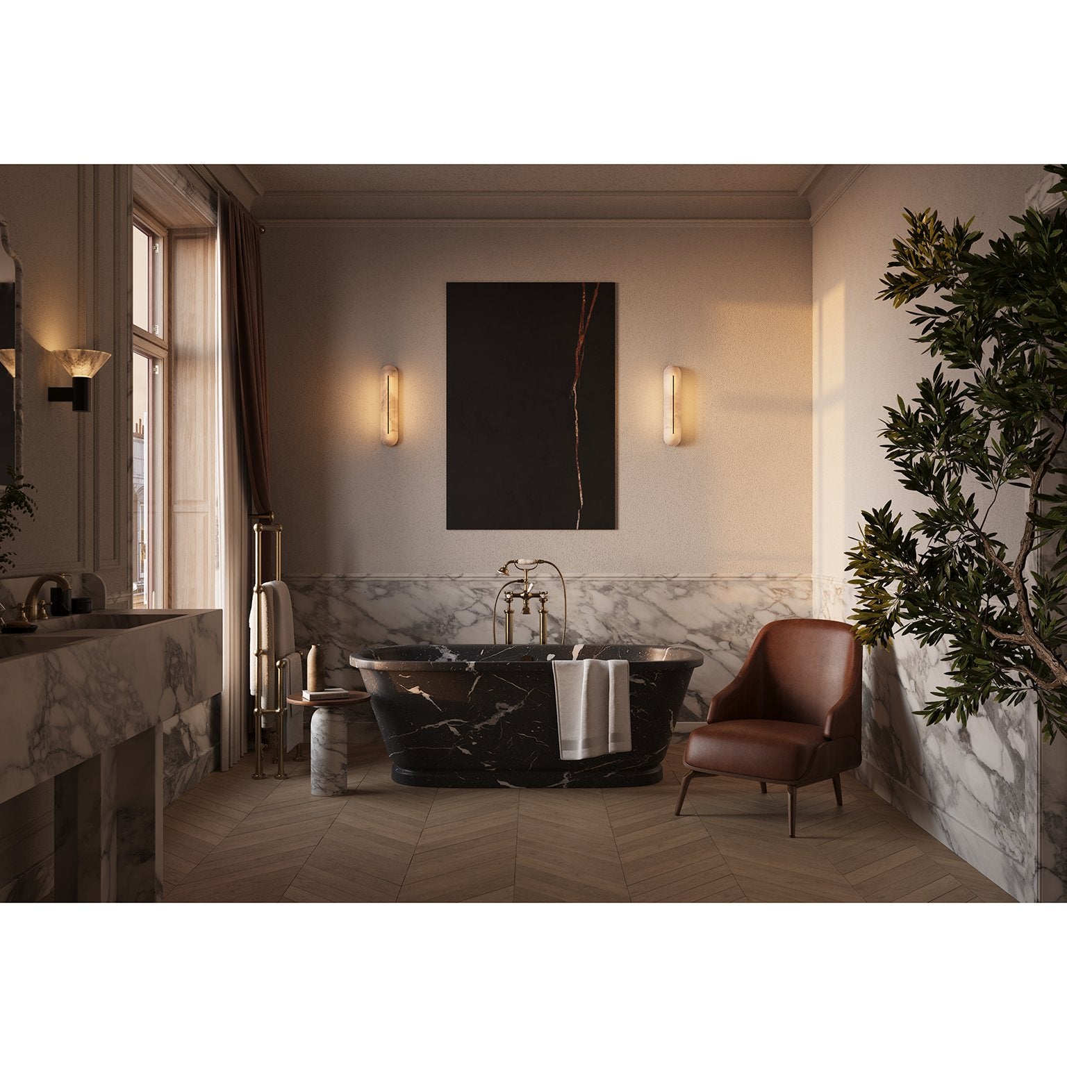 Slender Natural Alabaster LED Wall Sconce Modern Brass Indoor Lighting Fixture
