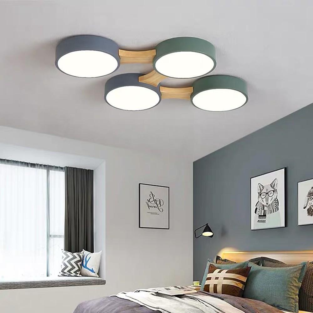 Modern Geometric Wood LED Flush Mount Ceiling Light with Dimmable Circular 5 Light Design