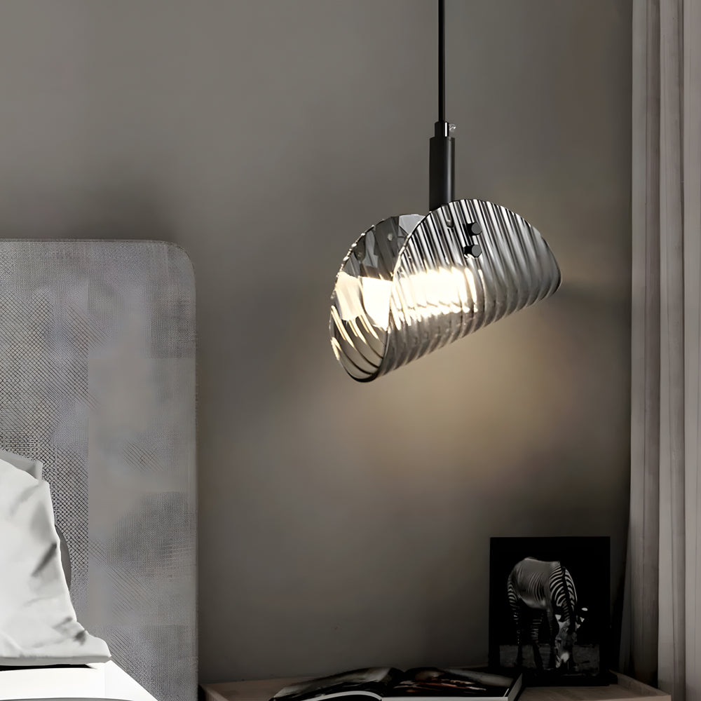 Smoke Gray Striped Glass LED Pendant Light Nordic Style Dimmable Hanging Lamp for Bedroom and Dining Room