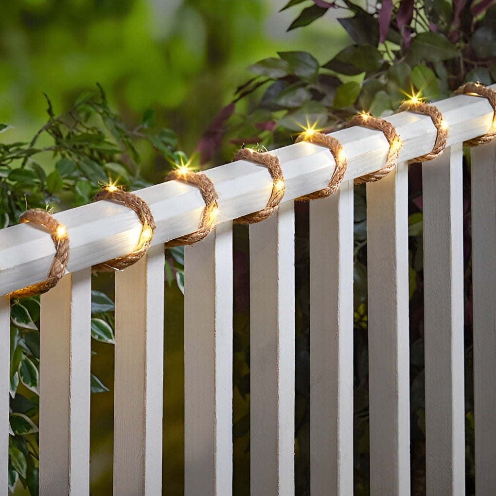 Solar and Battery Powered Hemp Rope LED String Lights for Rustic Outdoor Garden and Party Decor