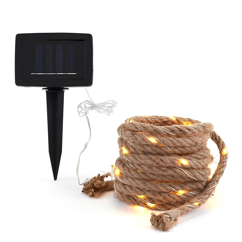 Solar and Battery Powered Hemp Rope LED String Lights for Rustic Outdoor Garden and Party Decor