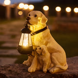 Solar Powered Animal Garden Statues Resin Dog Outdoor Decor with Detachable LED Lantern