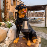 Solar Powered Animal Garden Statues Resin Dog Outdoor Decor with Detachable LED Lantern