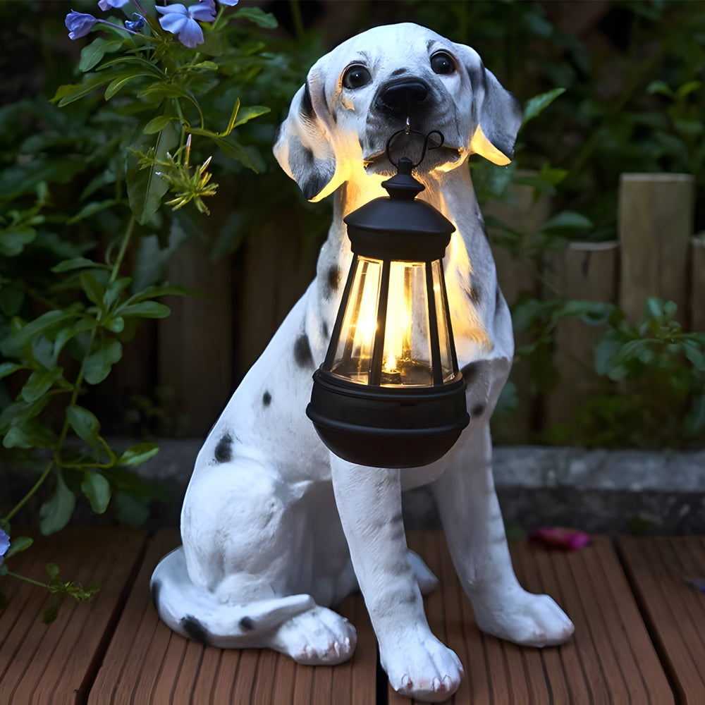 Solar Powered Animal Garden Statues Resin Dog Outdoor Decor with Detachable LED Lantern