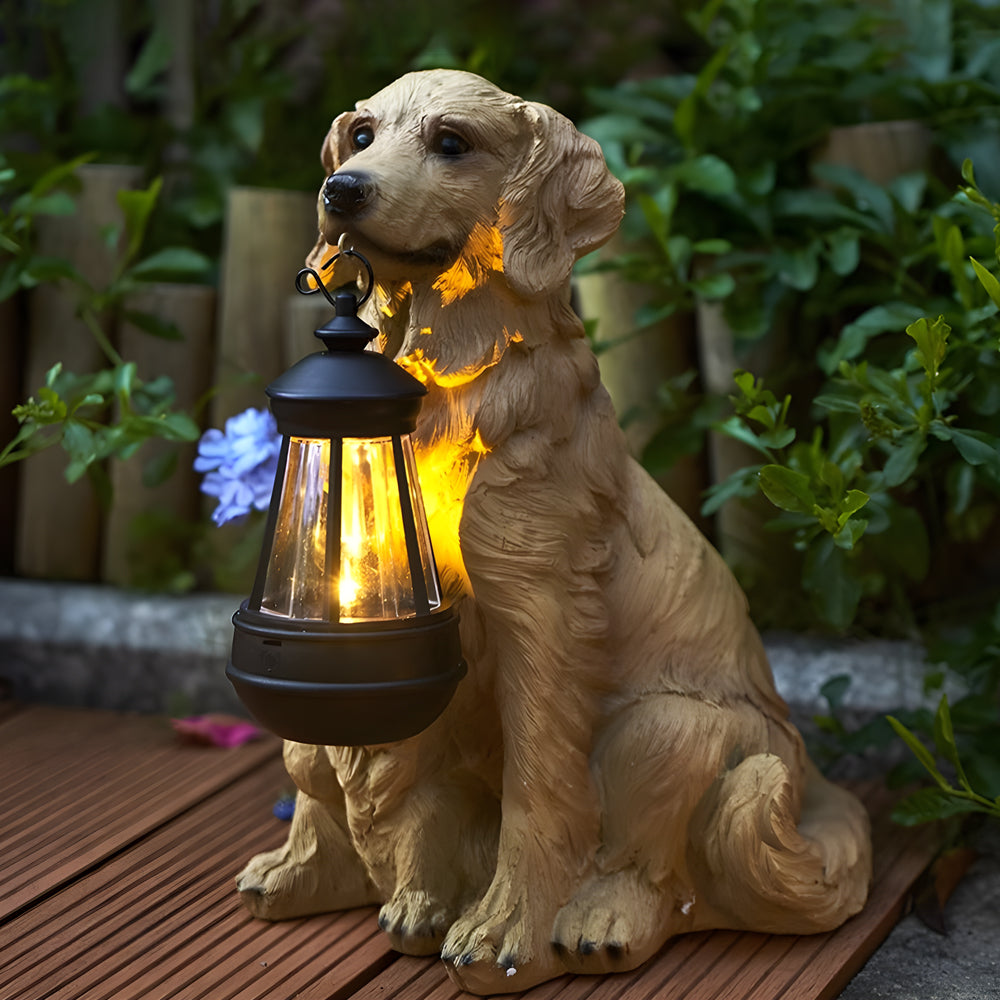 Solar Powered Animal Garden Statues Resin Dog Outdoor Decor with Detachable LED Lantern