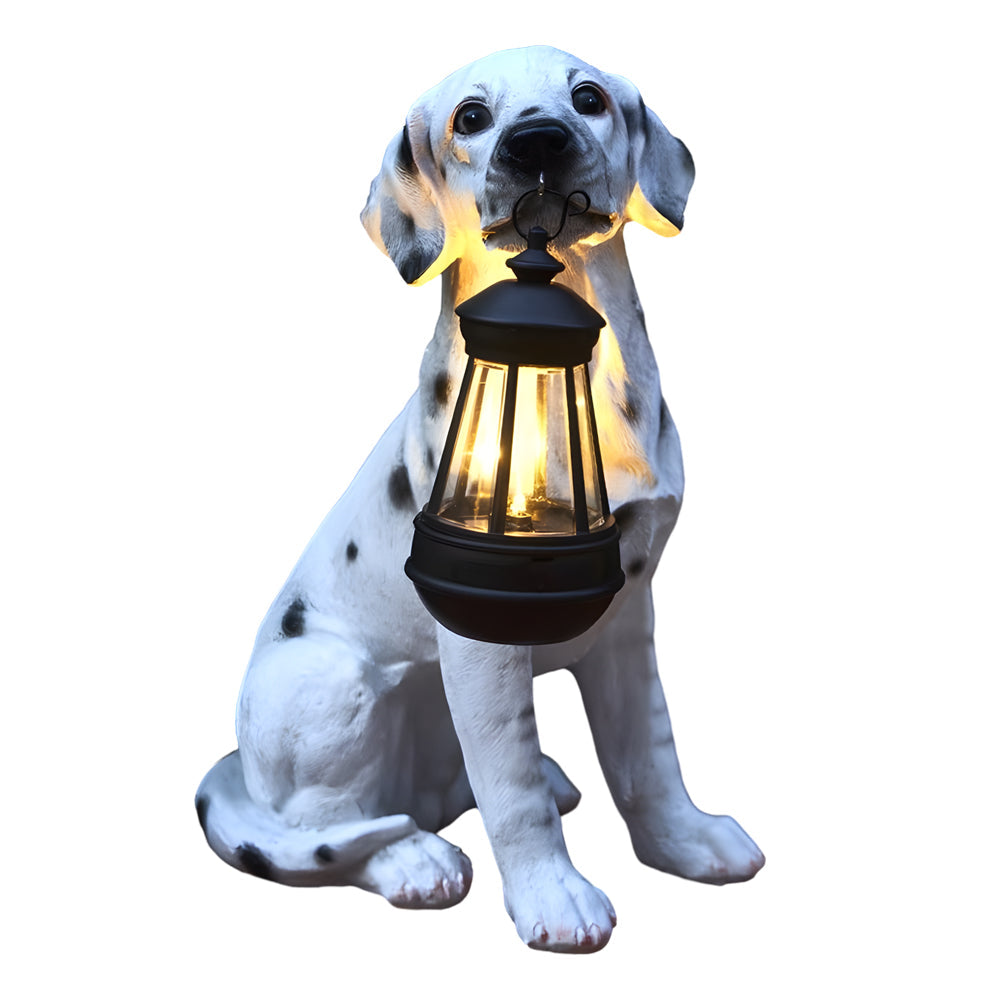 Solar Powered Animal Garden Statues Resin Dog Outdoor Decor with Detachable LED Lantern