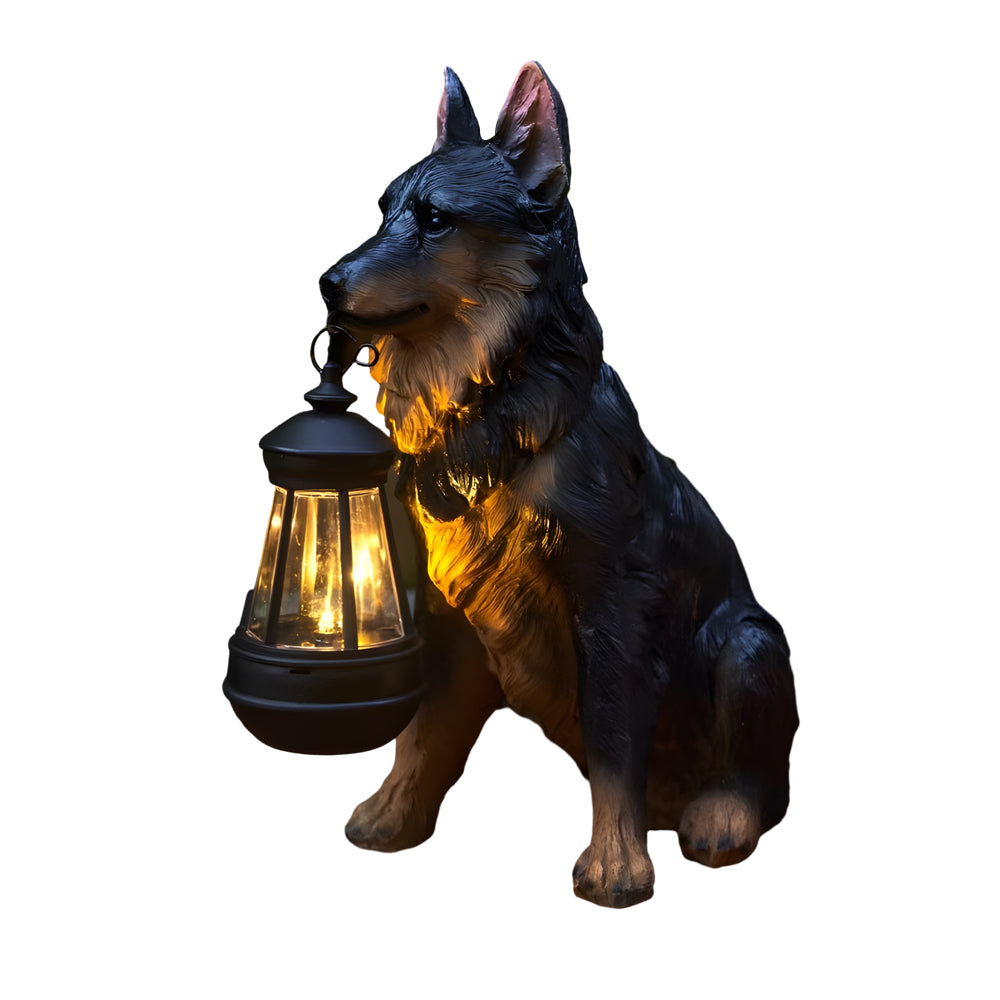 Solar Powered Animal Garden Statues Resin Dog Outdoor Decor with Detachable LED Lantern