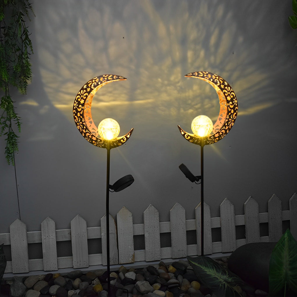 Solar Powered Moon and Flame Garden Stakes with Cracked Glass LED Projection Lighting