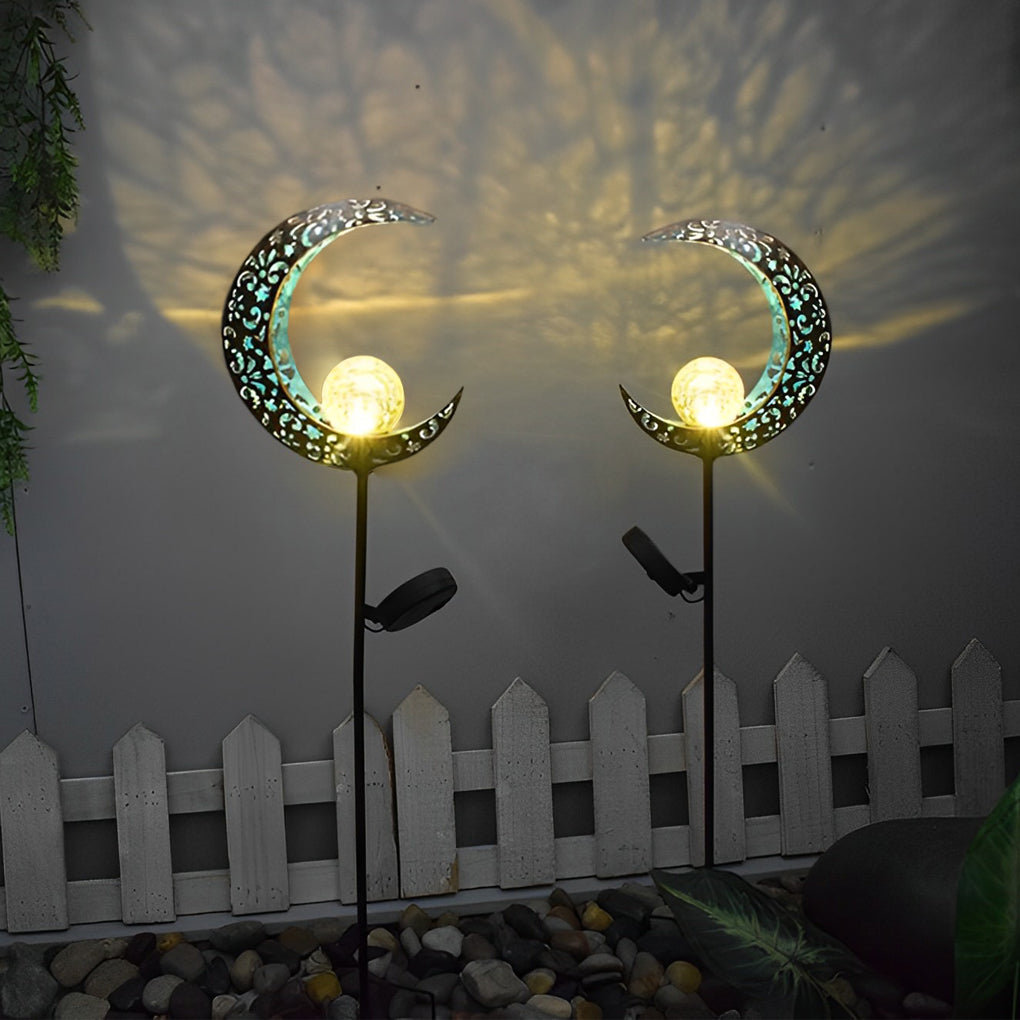 Solar Powered Moon and Flame Garden Stakes with Cracked Glass LED Projection Lighting