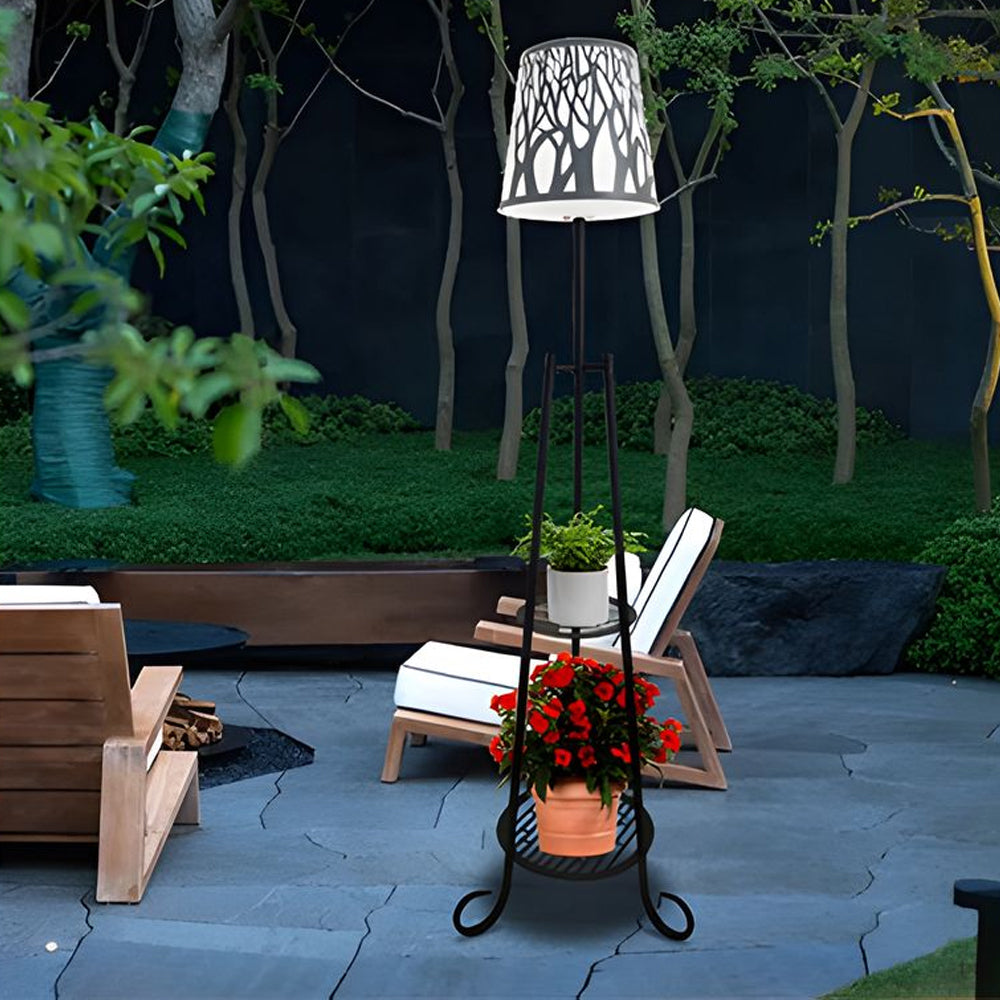 Solar Powered Outdoor Floor Lamp with Storage Shelves and Waterproof Stained Glass Shade