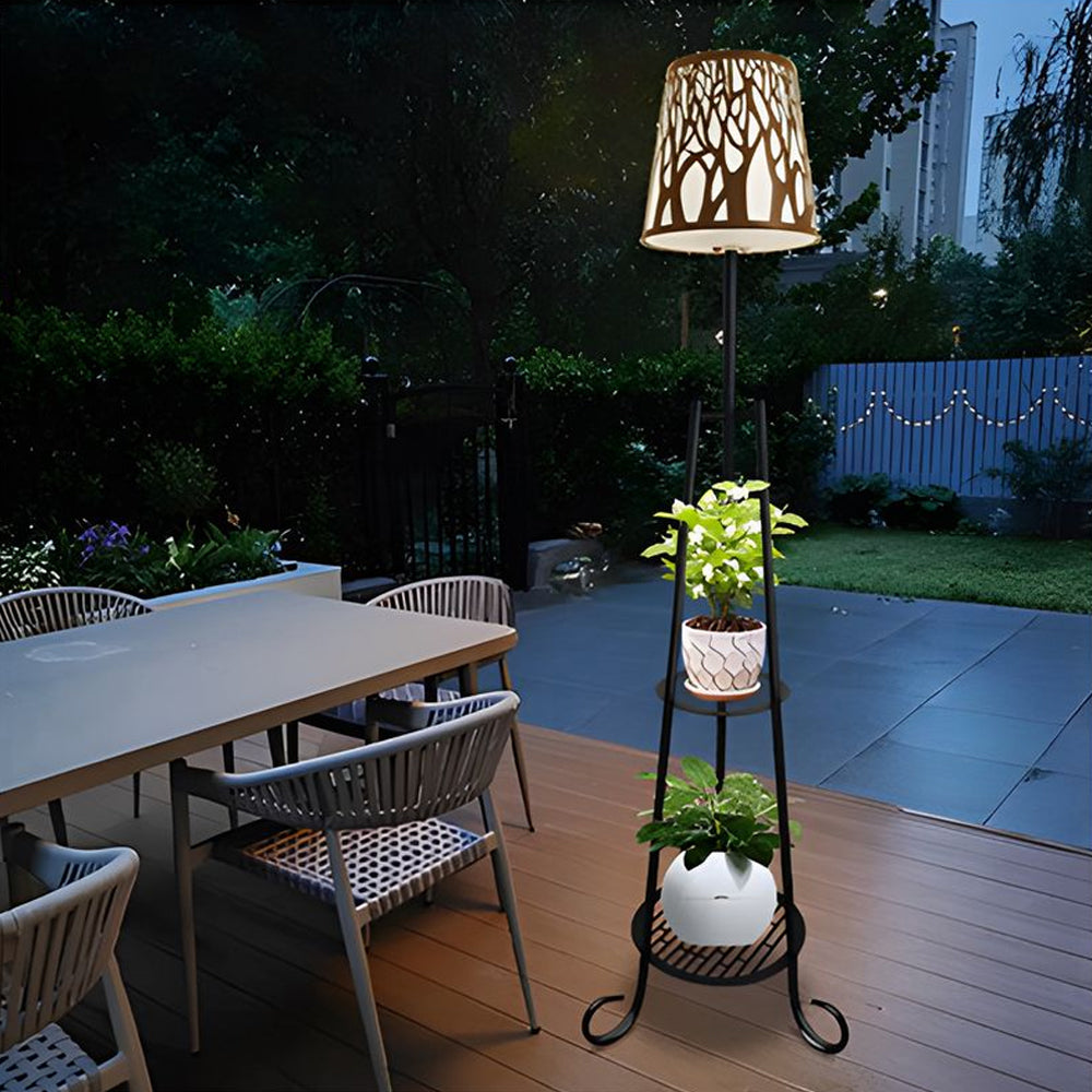 Solar Powered Outdoor Floor Lamp with Storage Shelves and Waterproof Stained Glass Shade