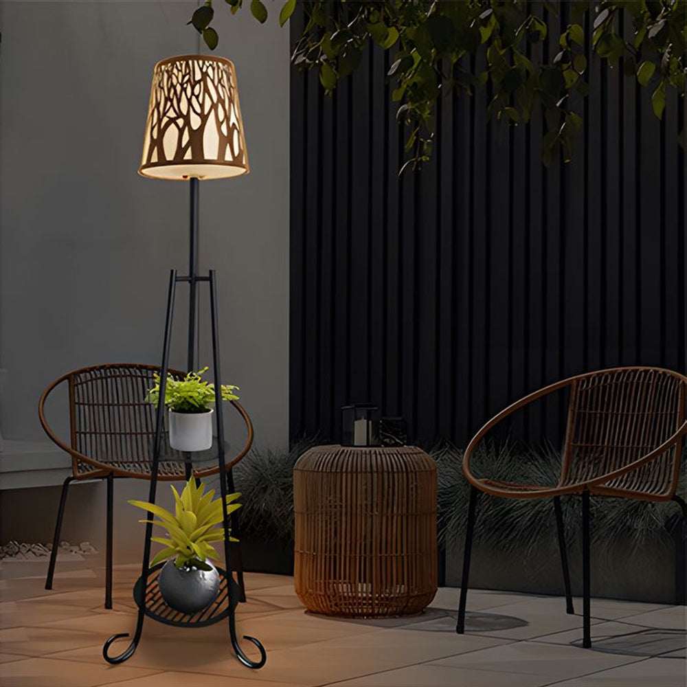 Solar Powered Outdoor Floor Lamp with Storage Shelves and Waterproof Stained Glass Shade