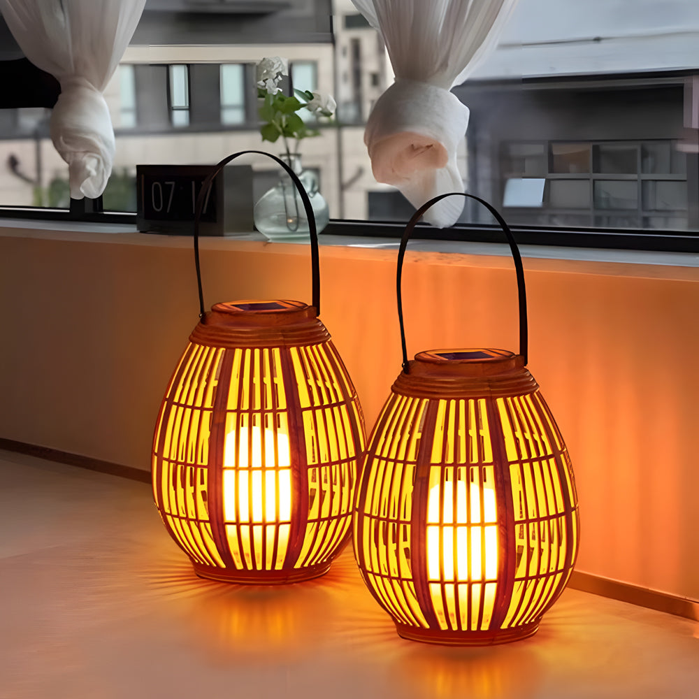 Solar Powered Outdoor Lantern Waterproof Bamboo Style LED Candle Light for Garden Patio Yard