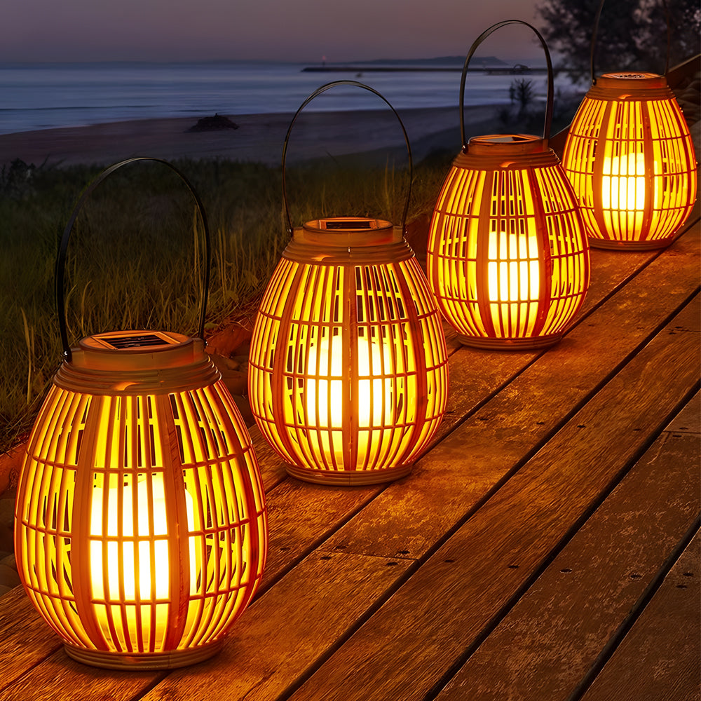 Solar Powered Outdoor Lantern Waterproof Bamboo Style LED Candle Light for Garden Patio Yard
