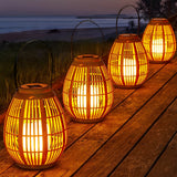 Solar Powered Outdoor Lantern Waterproof Bamboo Style LED Candle Light for Garden Patio Yard